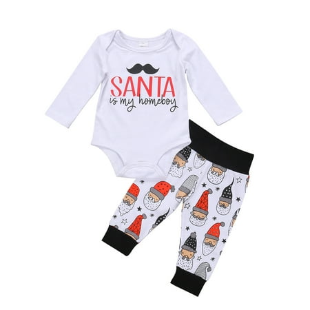 

Sunisery 2Pcs Newborn Baby Boys Girls Clothes Sets Letter Long Sleeve Romper + Santa Long Pants Cute Casual Outfits White 3-6 Months
