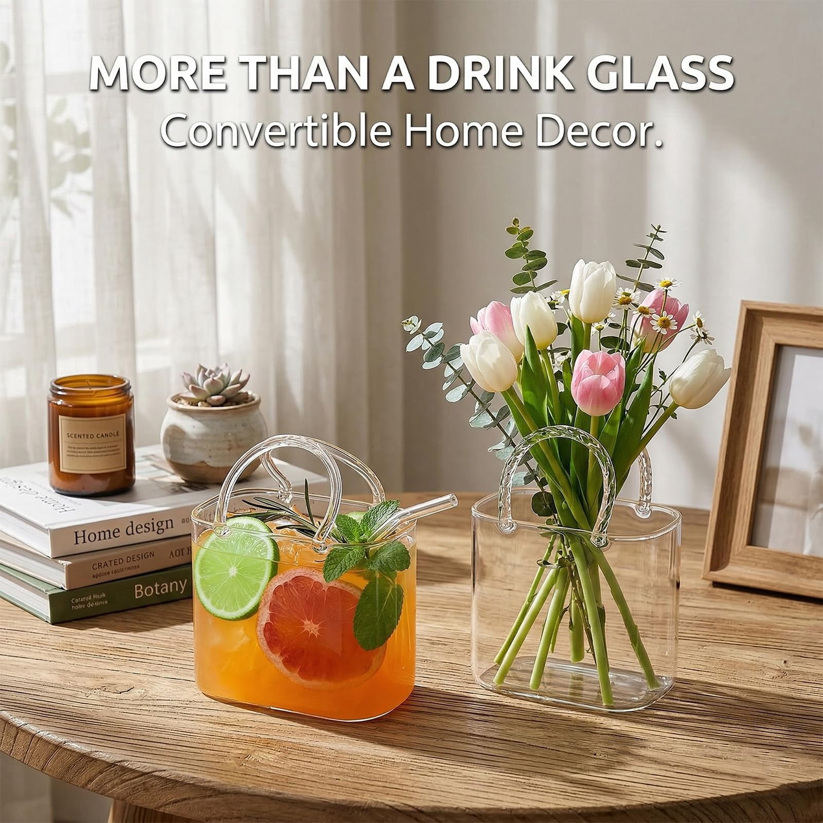 KANOHENO 27 oz Glass Purse for Drinks Set,Unique Wine Drinking Glasses with Straw for Juice,Iced Tea,Cute Gifts for Mother,Party Bar Decor & Flower Vase