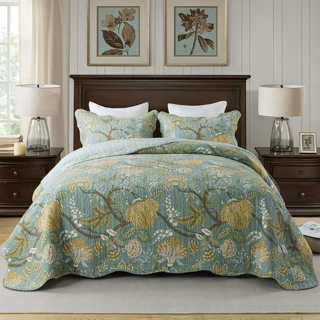 Travan Juego De Edredón De 3 Piezas, Colcha Acolchada De Algodón, Juego De Cama Acolchado De Gran Tamaño Con Estampado Floral, Con Fundas Para Todas Las Estaciones, Color Verde Vid, Tamaño Queen