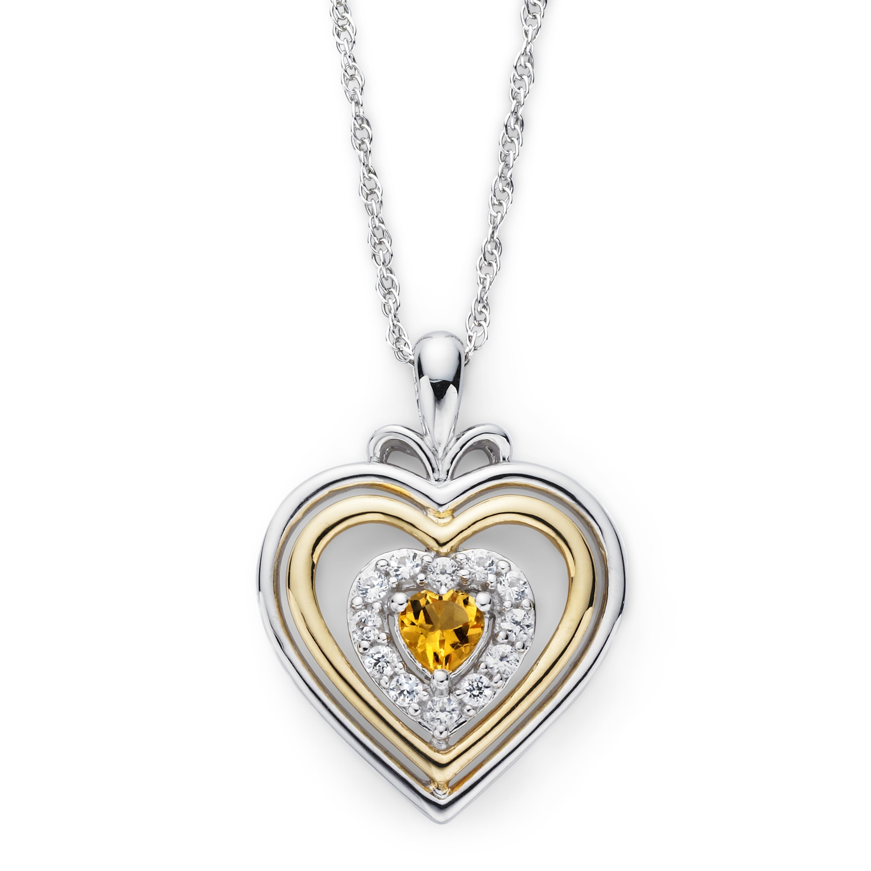 Brilliance 925 Sterling Silver with 14KY Gold Plated Citrine and Created White Sapphire Heart Pendant with 18" Chain