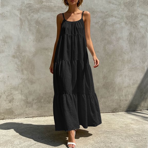 EliteGoogv Womens Maxi Dresses U Neck Sleeveless Backless Dresses For Women Pleated Side Pocket Summer Dresses Beach Vacation Wedding Guest Dresses Black