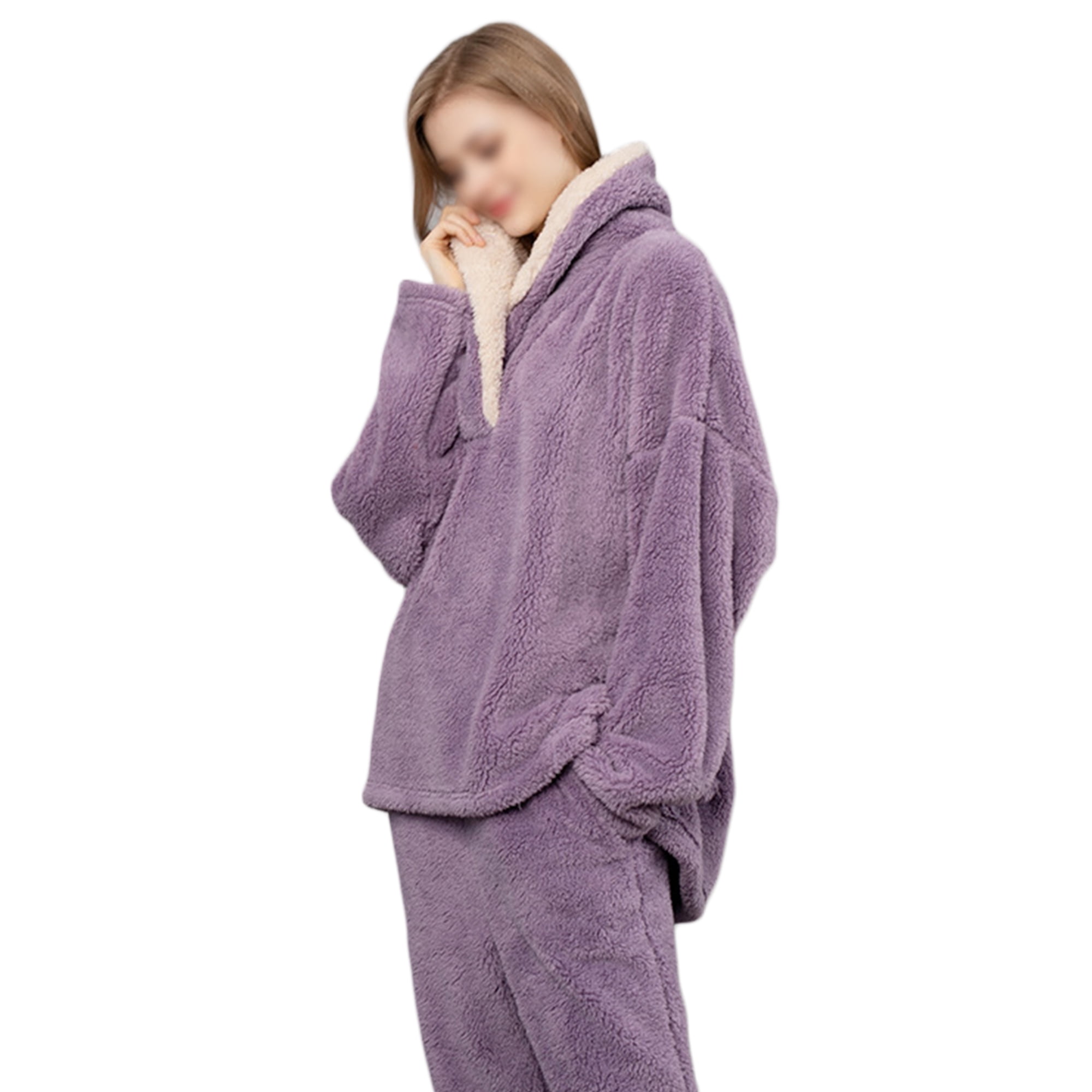 Innerwin Nightwear Solid Color Women Flannel Pajamas Sets Sleeping Long Sleeve Casual Sherpa Sleepwear Purple M Walmart
