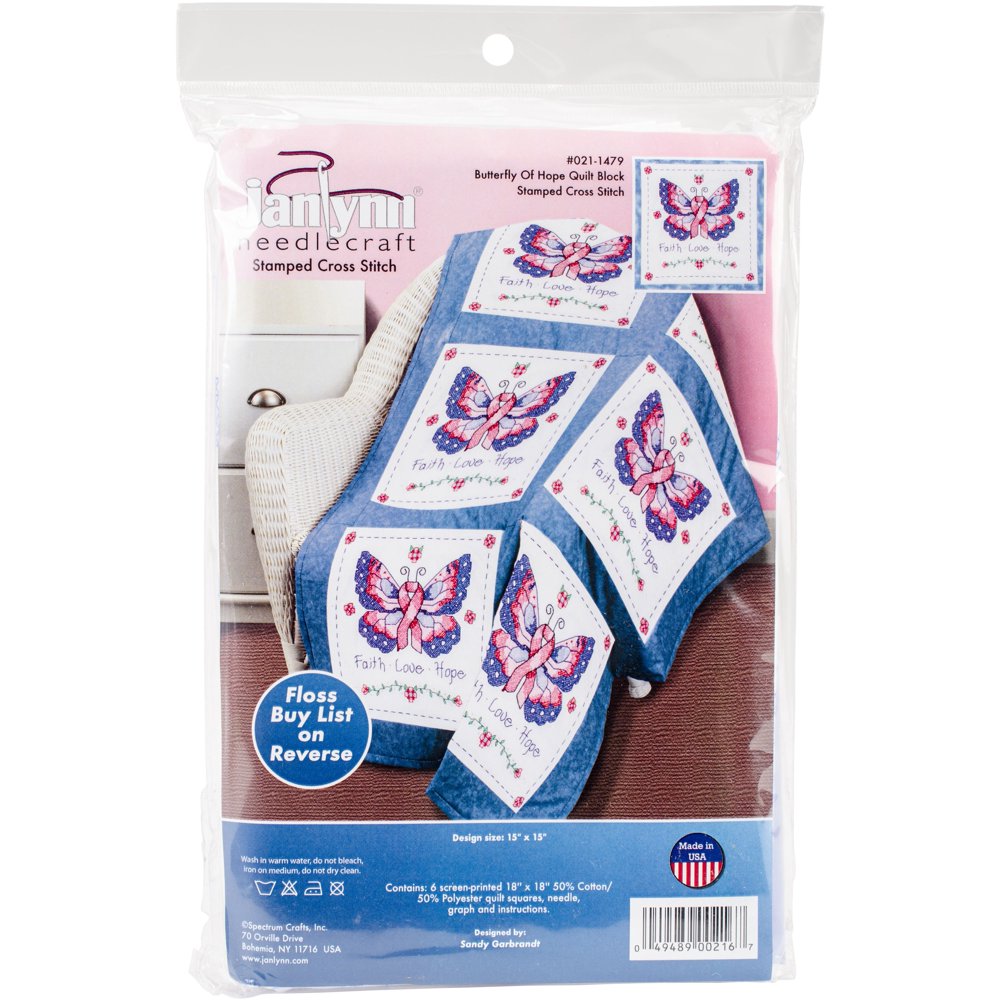 Stamped Cross Stitch Quilt Blocks 15"X15" 6/PkgButterfly Of Hope