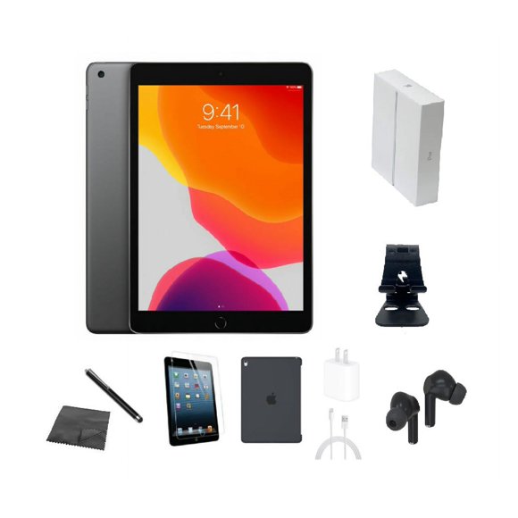 Reacondicionado Apple iPad 7th Gen A2197 (WiFi) 32GB Gris Espacial Paquete con Funda, Caja, Auriculares Bluetooth, Vidrio Templado, Stylus, Soporte, Cargador (Grado A)