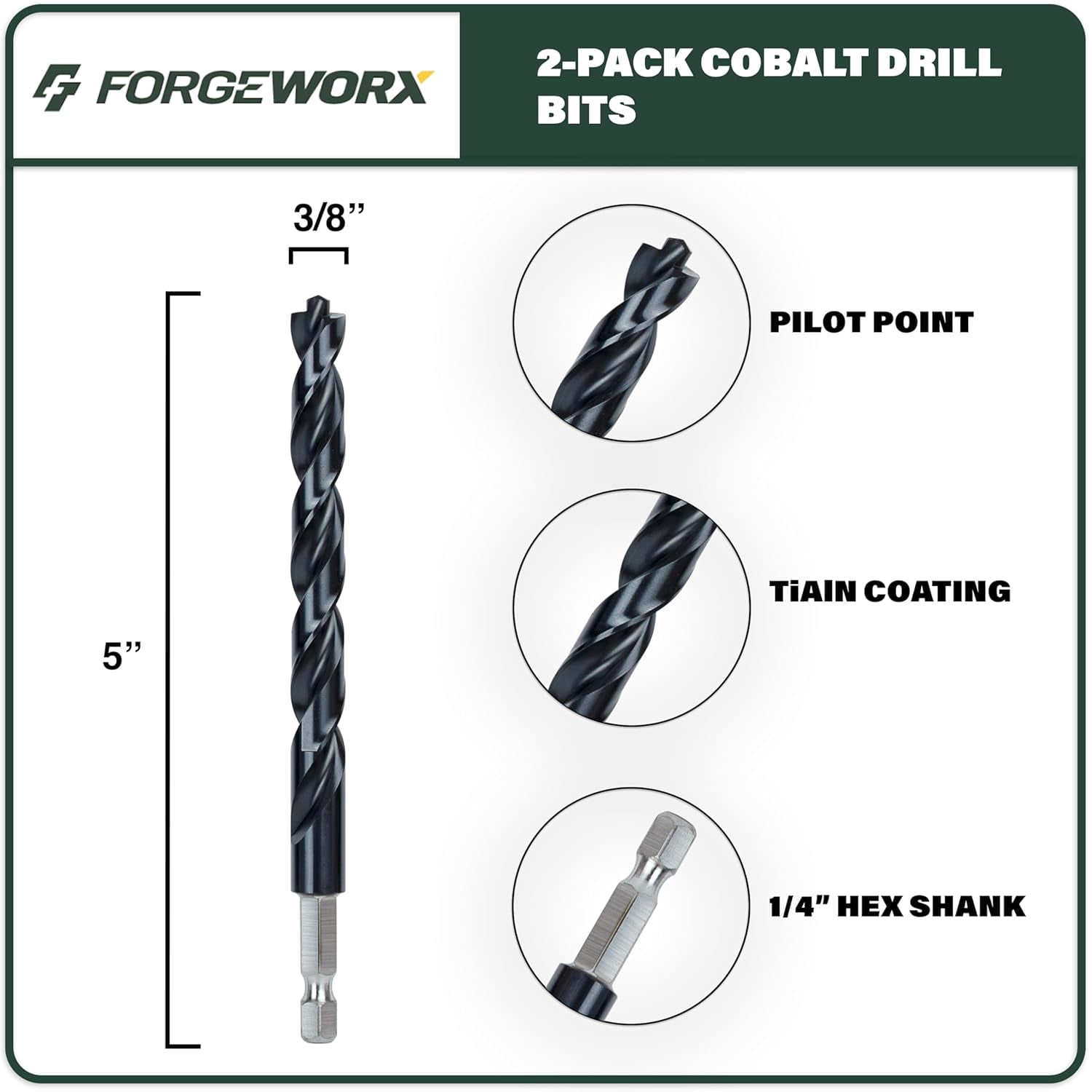 FRKSMD-3/8 Inch Cobalt Drill Bits 2pcs Heavy-Duty Metal Drill Bit Set for Steel, Cast Iron, TiAlN Coating, 1/4" Hex Shank (3/8" x 4")