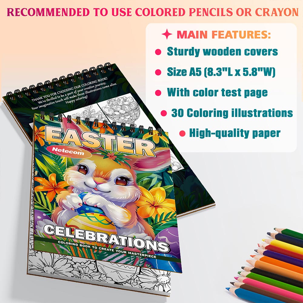 Easter Celebrations Coloring Book Spiral Bound For Adults, A5 Wooden Cover, 30 Festive Coloring Pages of Joyful Easter Scenes for Stress Relief and Relaxation