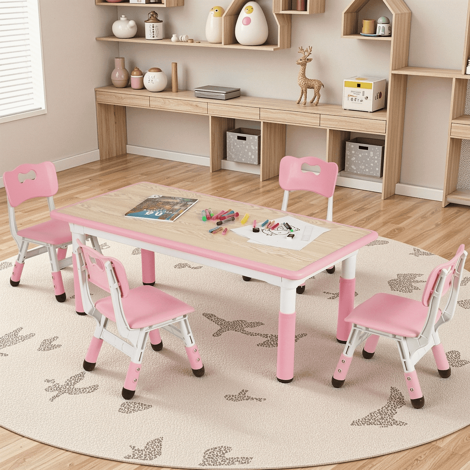 Arlopu Toddler Table & 4 Chairs Set, Height Adjustable Kids Multi Activity Table and Chairs for Drawing, Reading, Studying, Pink