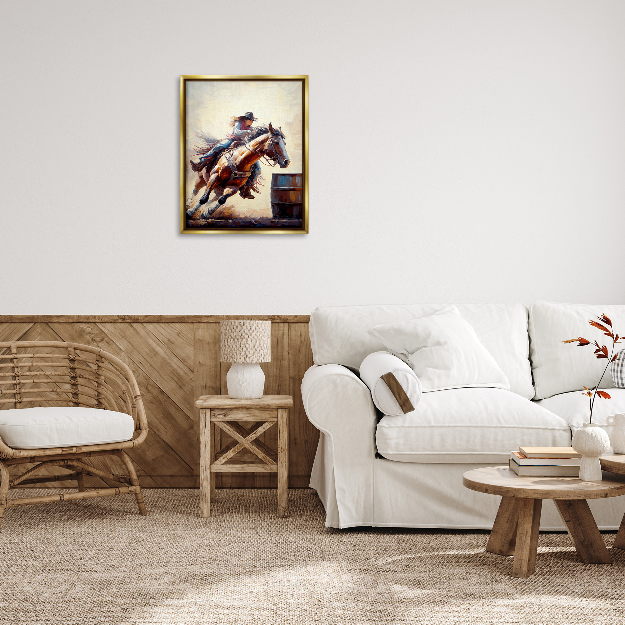 Stupell Industries Galloping Jockey Girl Animals & Insects Painting Gold Floater Framed Canvas Art Print Wall Art, 25 x 31