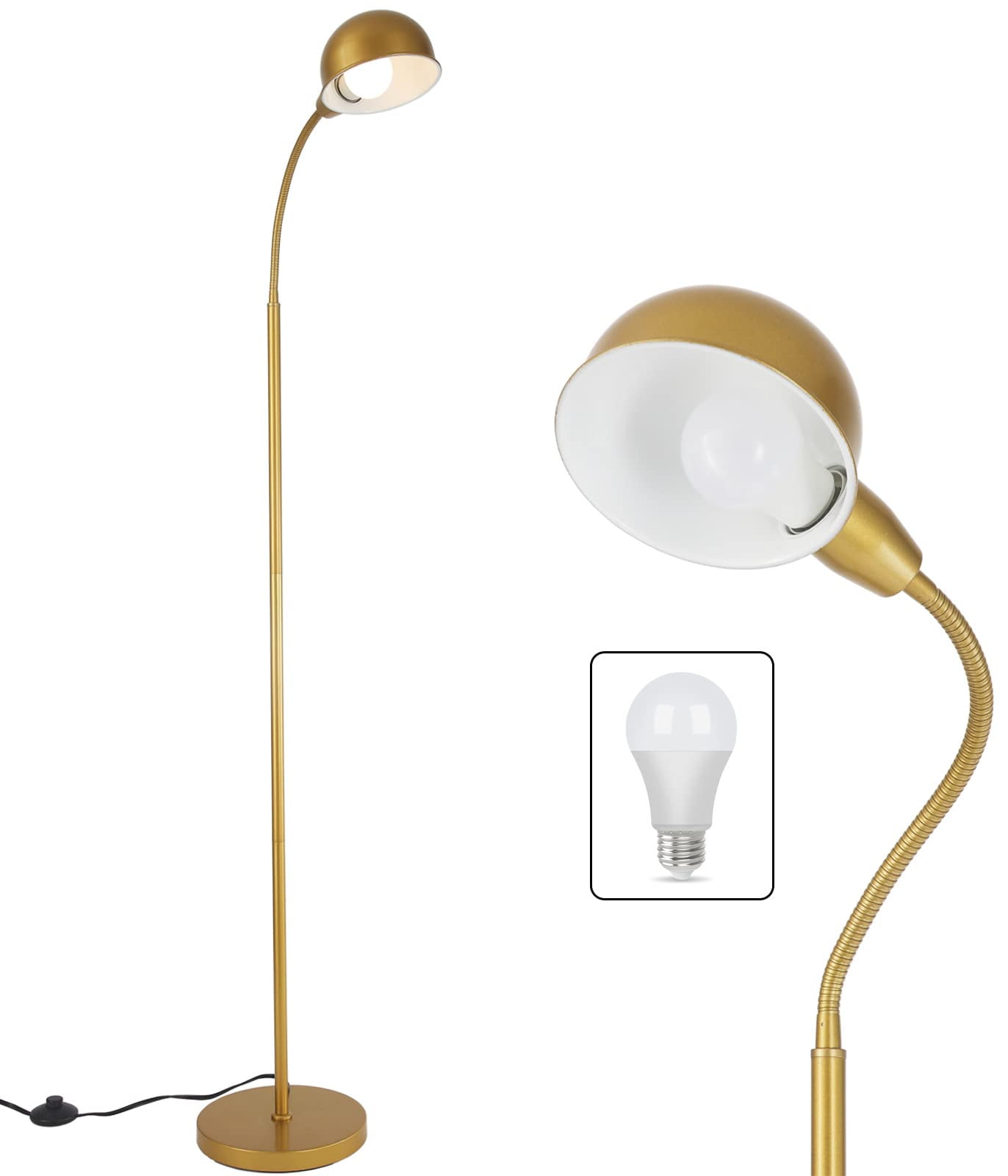 Gold Reading Floor Lamp, Adjustable Gooseneck Corner Standing Lamp for