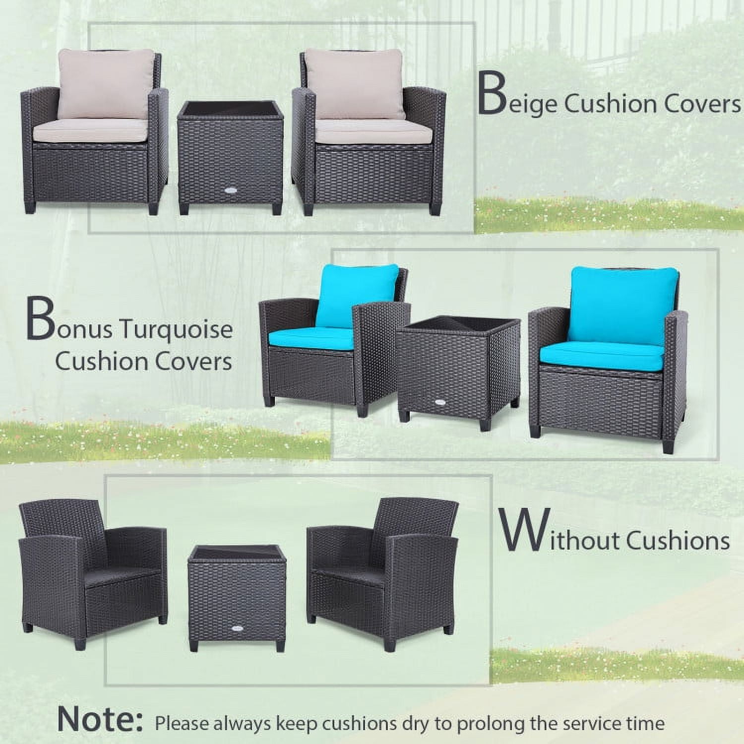 Aimee Lii 3 Pieces Wicker Patio Furniture Set, Coffee Table Cushioned Sofa, with Washable Cushion, Modern Patio Furniture, Turquoise Aimee Lii 3 Pieces Wicker Patio Furniture Set, Coffee Table Cushioned Sofa, with Washable Cushion, Modern Patio Furniture, Turquoise