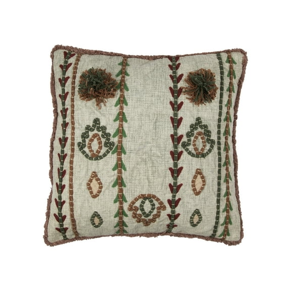 Bloomingville Embroidered Cotton Pillow with Chambray Back and Fringe