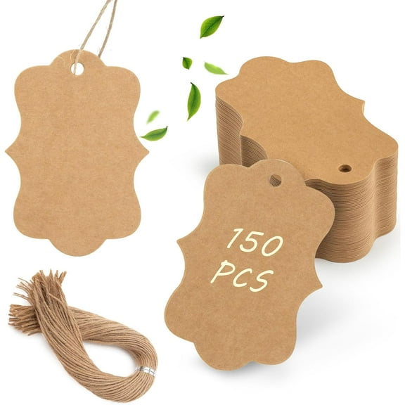 150PCS Brown Paper Kraft Tags,1.9x2.75 inch Scalloped Gift Tags with String for Clothes DIY Crafts Wedding Holiday (Brown)
