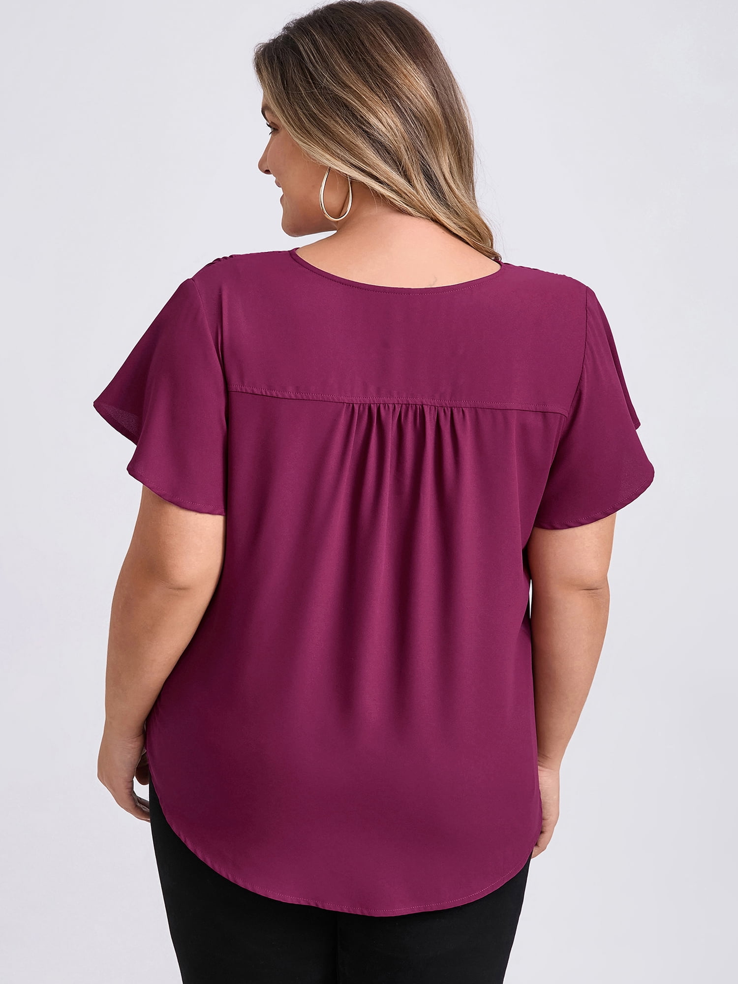 DARING DIVA Women's Plus Ruffle Sleeve V Neck Button Decor Blouse 4X Purple Red