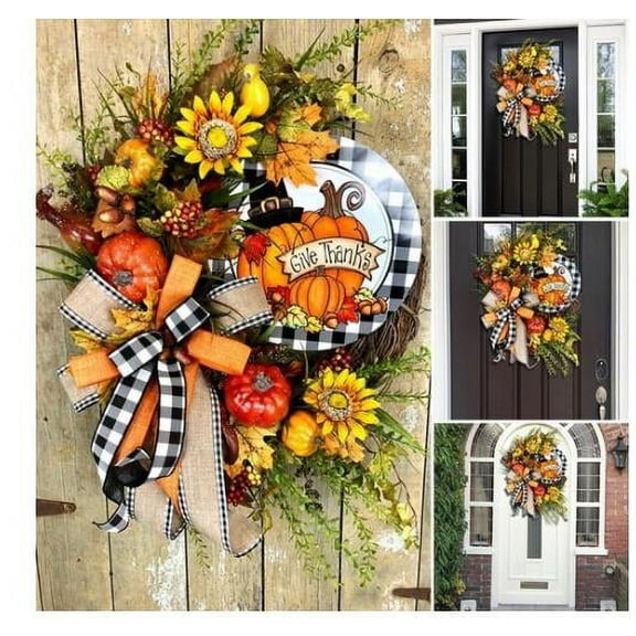 Fall Lattice Pumpkin and Sunflower Wreath Doorplate for Front Door -Home Decoration Halloween Autumn Eucalyptus Rustic Farmhouse Wreaths for Thanksgiving Christmas Garden Home Festival Decorations