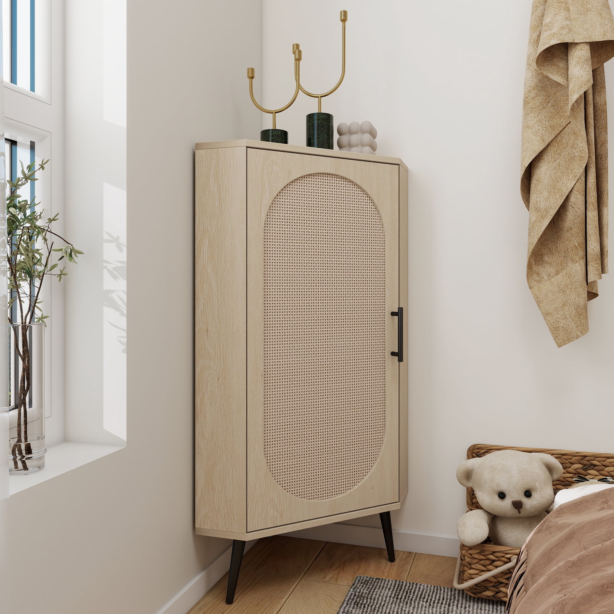 HIUU Small Corner Cabinet with Rattan Doors,Slim Bathroom Storage Cabinet,Freestanding Corner Table with Storage(Natural)