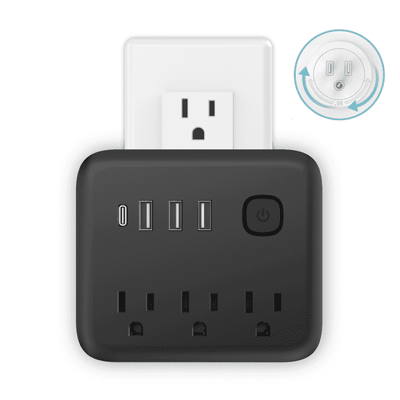 7 in 1 Mini Power Strip with 180° Rotating Plug, 3 AC Outlets, 3 USB & 1 Type-C Port, Surge Protection 1700 Joules, Compact Wall Charger Extender for Travel, Home, Office, black