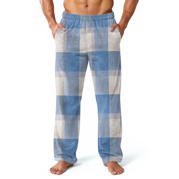 GrmtClth Mens Plush Warm Pajama Pants Trendy Flannel Fleece Soft Comfy Plaid Night Pants Winter Fall Warm Fuzzy Pj Bottoms with Pockets Sky Blue M