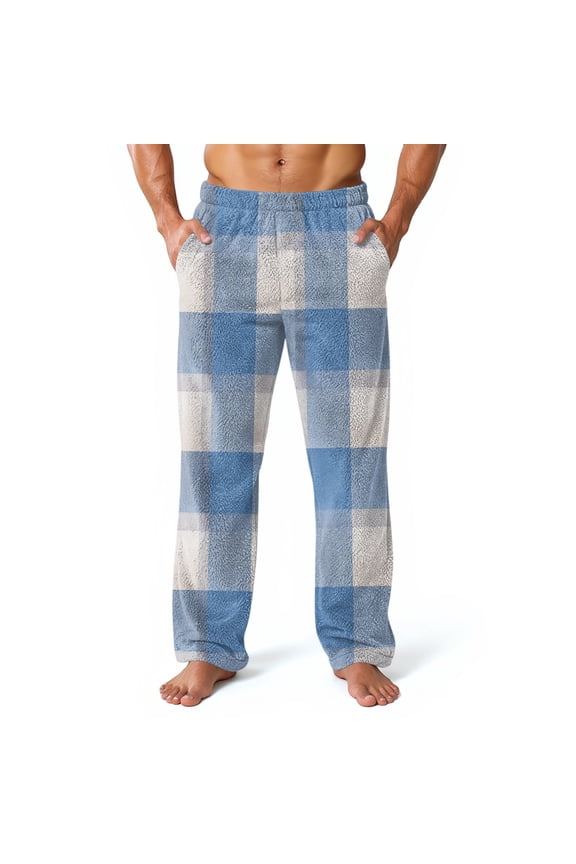 Mens Plush Warm Pajama Pants Trendy Flannel Fleece Soft Comfy Plaid Night Pants Winter Fall Warm Fuzzy Pj Bottoms with Pockets Sky Blue M