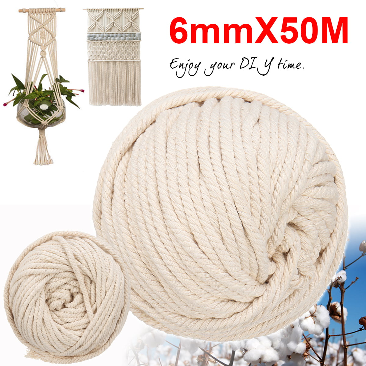 6mm Macrame Rope Natural Beige Cotton Twisted Cord Artisan DIY Craft 30 Meters 