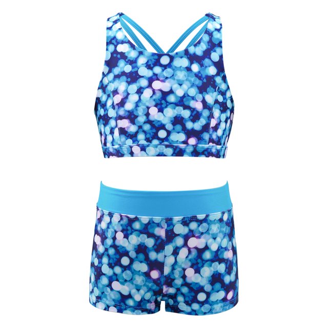 Sxiwei Girls' Kids 2-Piece Active Set Dance Sport Outfits Racer Back Top and Booty Short Gymnastics Blue 14