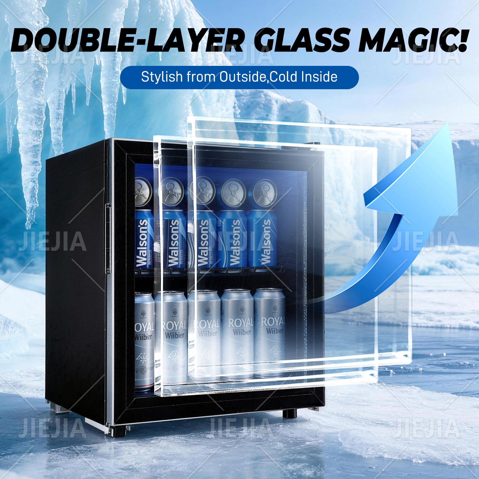 JIEJIA 60 Can Mini Fridge and 1.8 Cu.ft Beverage Cooler Refrigerator with Glass Door for Home, Office