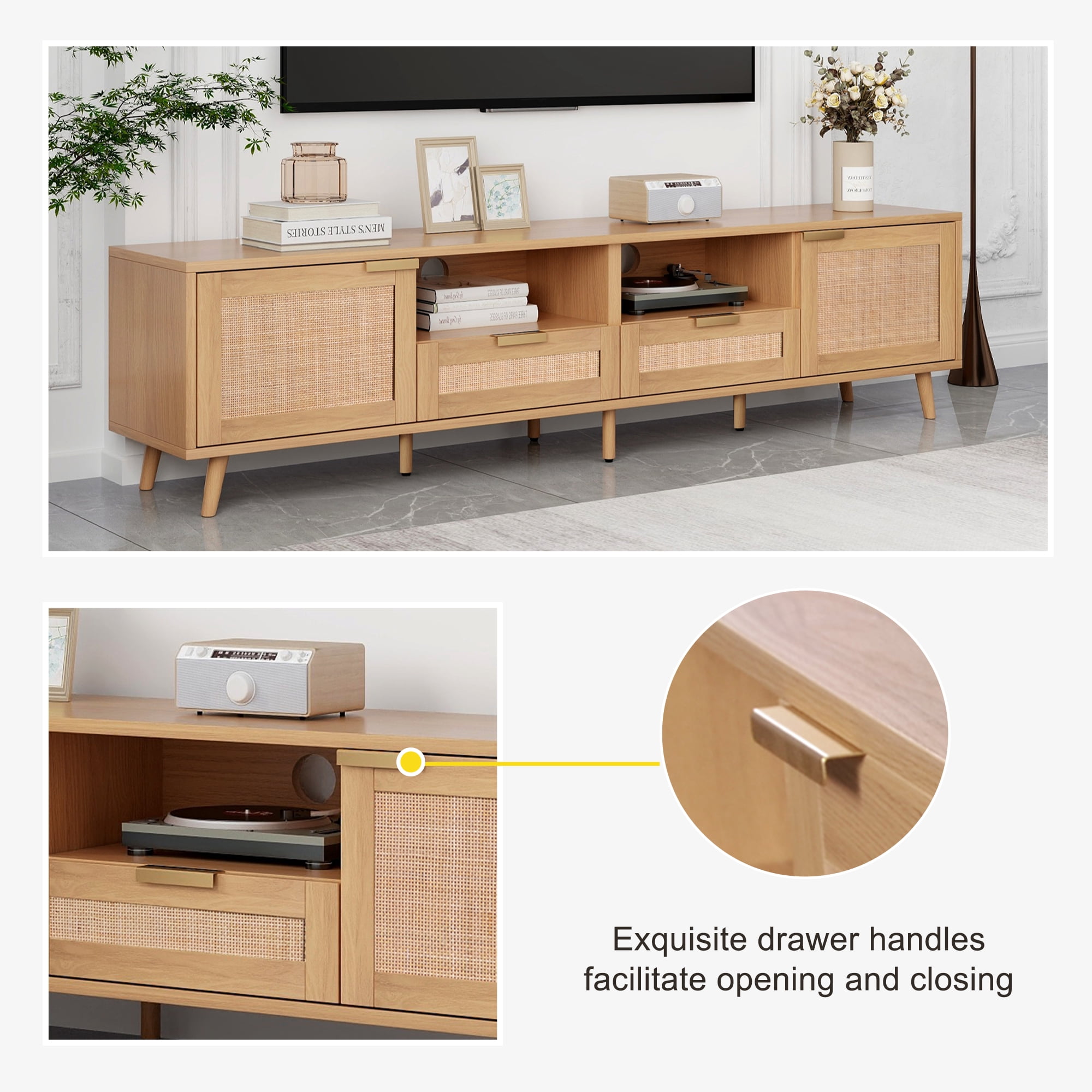 Aukfa Rattan TV Stand for TVs up to 85", Farmhouse Media Console for Living Room Bedroom,Natural