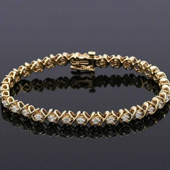 Tennis Bracelet Women 14 Ct Round Cut White Moissanite 14K Yellow Gold Plated