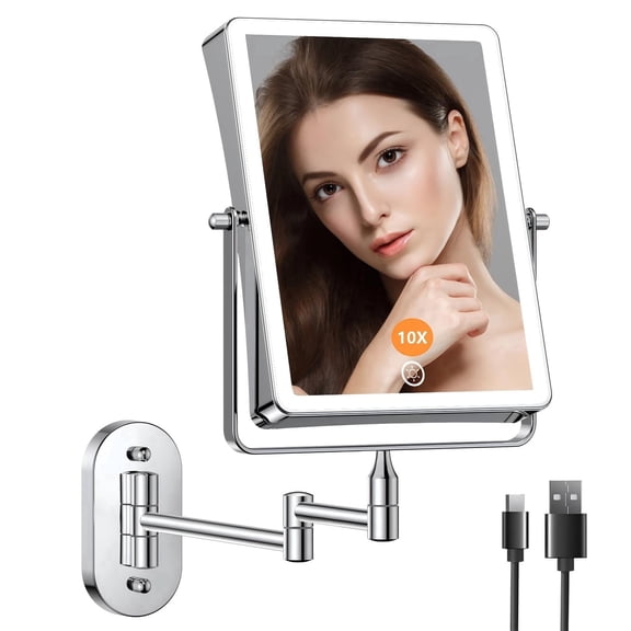 Funtouch Double Sided 1X 10X Magnifying Wall Lighted Mounted Makeup Mirror with Extended Arm, 360° Swivel Foldable, 3 Color Settings, Chrome