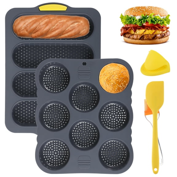 Set of 5 Hamburger Bun Molds, 4/8-Cup Silicone Burger Bun Pans with Brush, Spatula, and Grab Glove, Nonstick Perforated Baking Pans, Rectangular Loaf Molds, Dishwasher and Microwave Safe