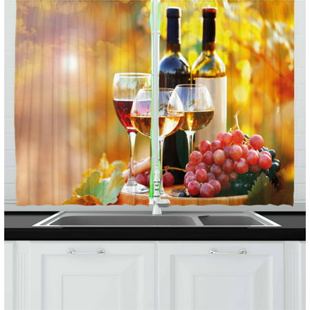 Wine Curtains 2 Panels Set, Tasty Wine on Wooden Barrel on Grape Plantation Countryside Harvest Rural Growth, Window Drapes for Living Room Bedroom, 55W X 39L Inches, Orange Red Black, by
