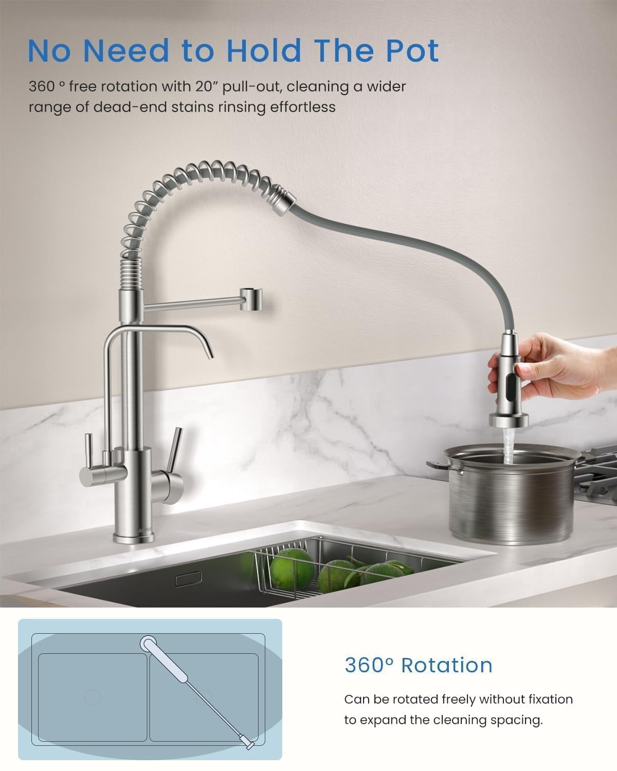 APPASO 3-in-1 Pull Down Kitchen Faucet with Drinking Water Dispenser, 20" High Arc Water Filter Faucet, Brushed Nickel, No Filtration System Included