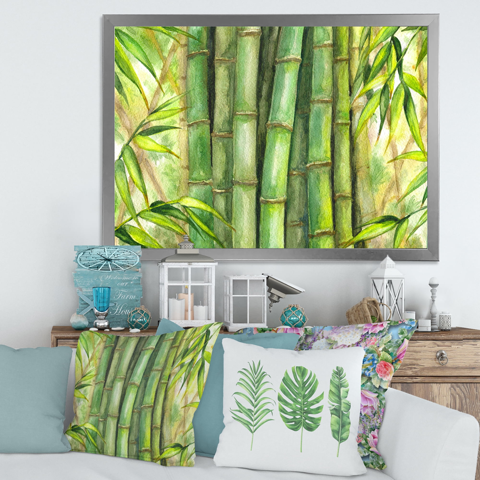 Designart 'Bright and Green Bamboo Stems' Transitional Framed Art Print