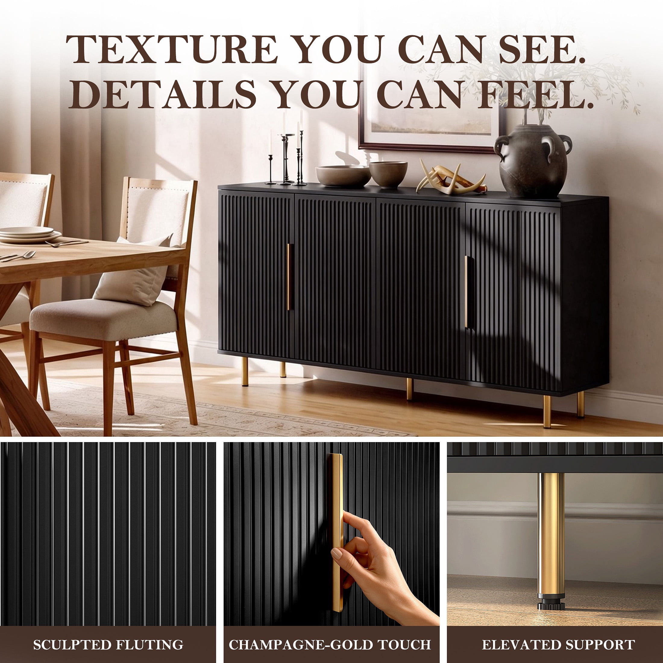 PORKISS Sideboard Buffet Cabinet with Storage, Fluted Credenza Cabinet with Gold Handles, Modern Console Table with Adjustable Shelves for Living Room, Dining Room, Black