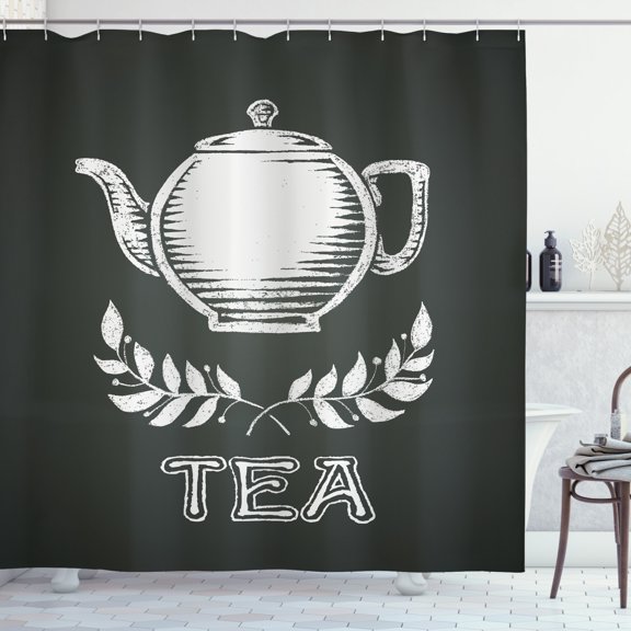 Ambesonne Tea Shower Curtain, Teapot Leaf Branches Chalkboard, 69"Wx70"L, Charcoal Grey White