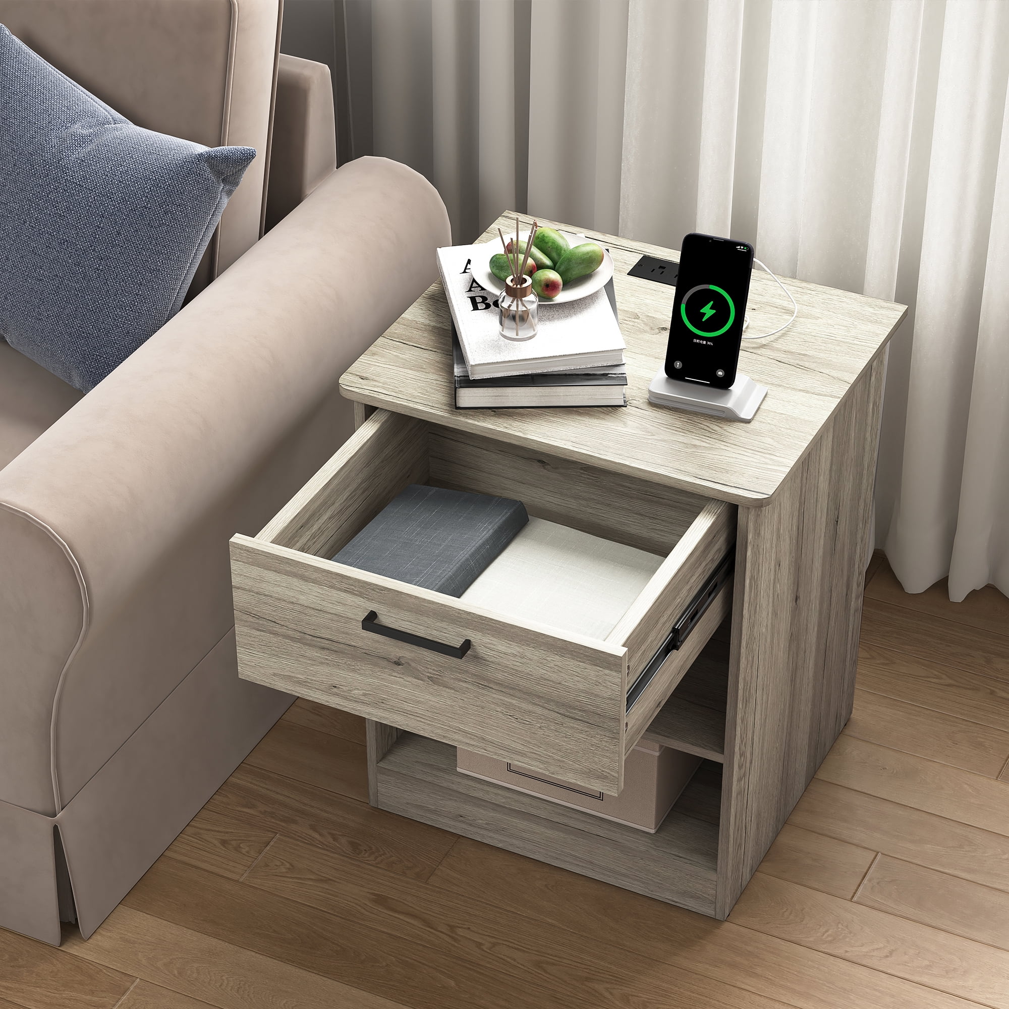 Demi Bonn 18.9" Side Table with Fast Charging Station USB C Cable Fast Charging, Wood End Table Nightstand with Drawer and Shelf for Living Room, Gray