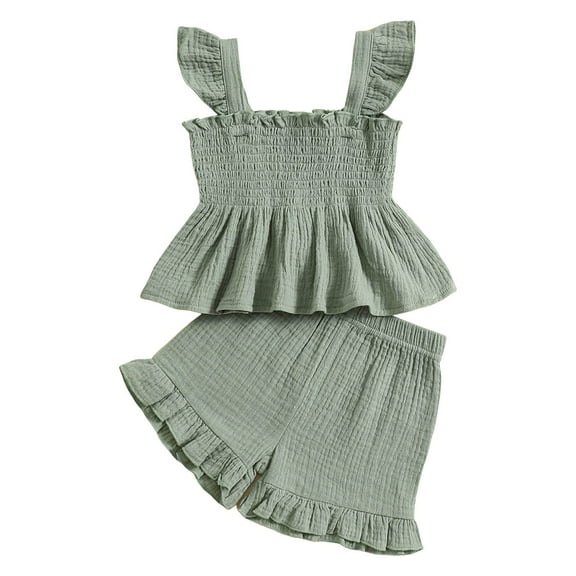 Sopiago Toddler Girl Clothes 2Pcs Baby Girl Summer Outfits Ruffle Sleeveless Shirts Floral Tops Shorts Clothing Set Green,12-18 Months