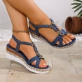 thumbnail image 2 of IWRICH Womens Wedge Sandals Flower Low Heel Dressy Sandals Elastic Ankle Strap Rhinestone Summer Comfortable Shoes Blue1 8, 2 of 9