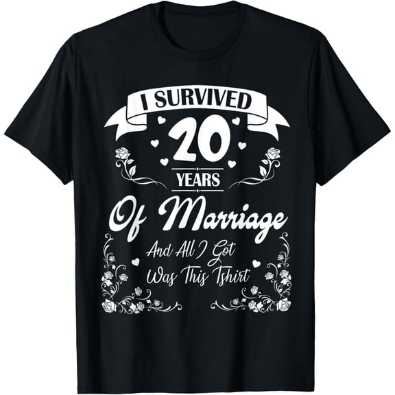 Retro Funny 20th Wedding Anniversary T-Shirt 20 Years Of Marriage Survivor Graphic Tee Gift for Husband Wife Spouse White Floral Print Black Top
