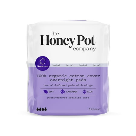 The Honey Pot Company, Herbal Overnight Pads with Wings, Organic Cotton Cover, 12 ct