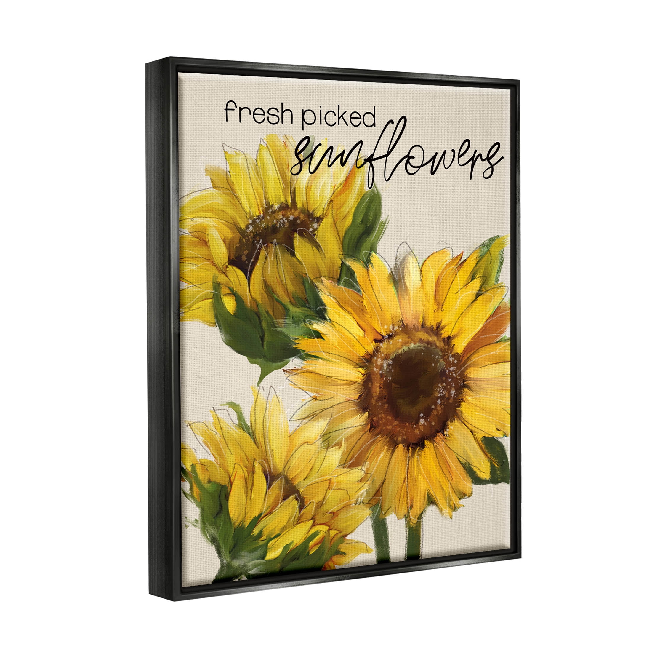 Stupell Industries Fresh Picked Sunflowers Typography Graphic Art Jet Black Floating Framed Canvas Print Wall Art, Design by Conrad Knutsen