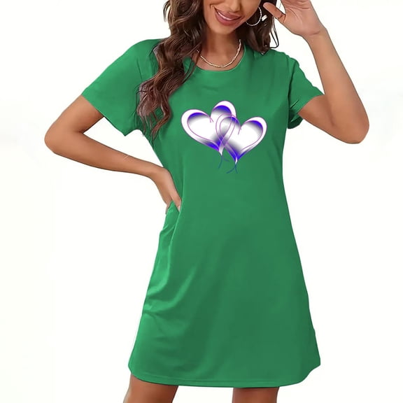 Zorckvet Womens Casual Nightgowns Soft Heart Print Sleepshirts Valentine's Day Crewneck Comfortable Nightshirts for Women Short Sleeve