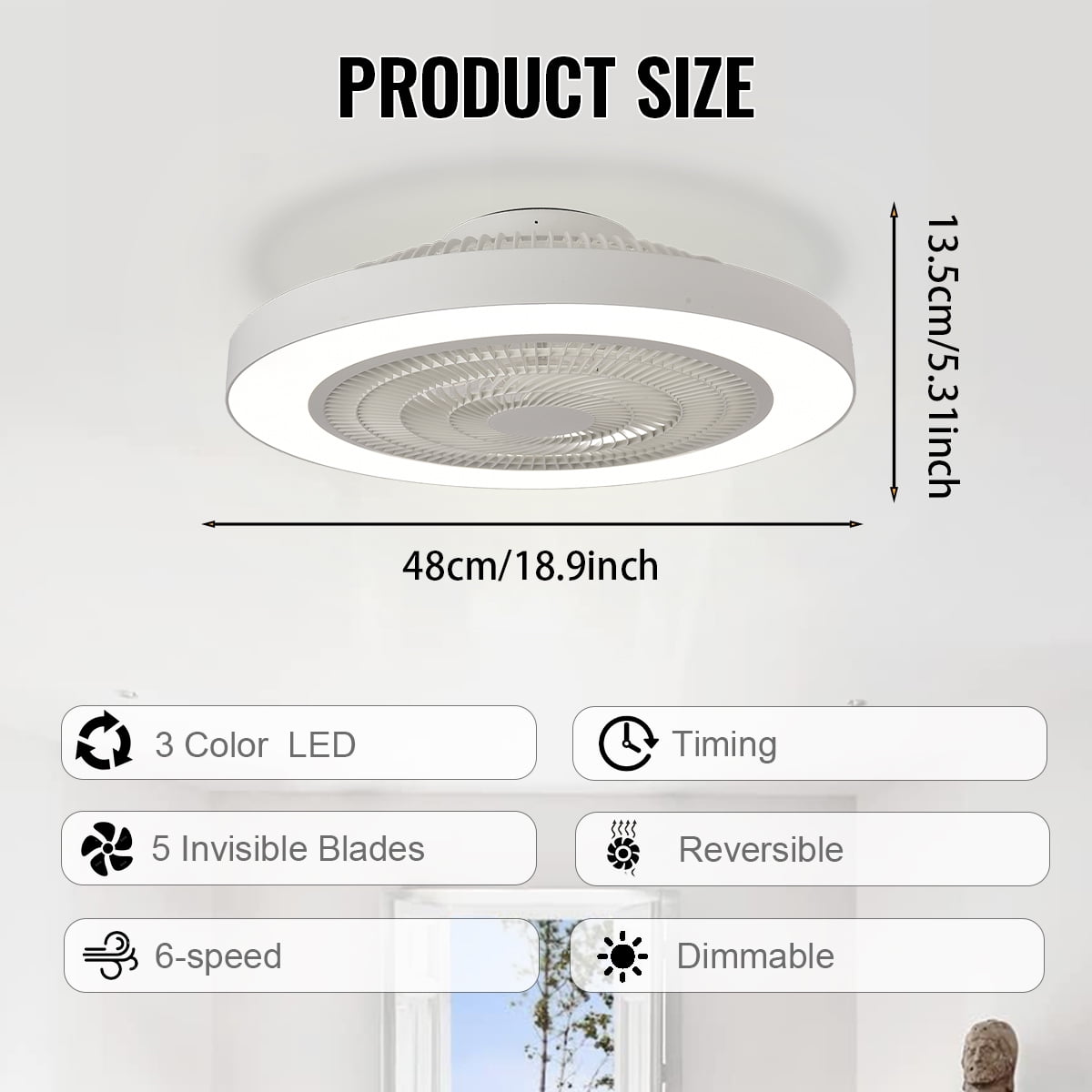 20 Inch Low Profile Ceiling Fan With Light, Led Bladeless Ceiling Fans, Remote Control Enclosed Flush Mount Ceiling Fan With Timming, 3000-6000K, 6 Wind Speed, 3000LM,White