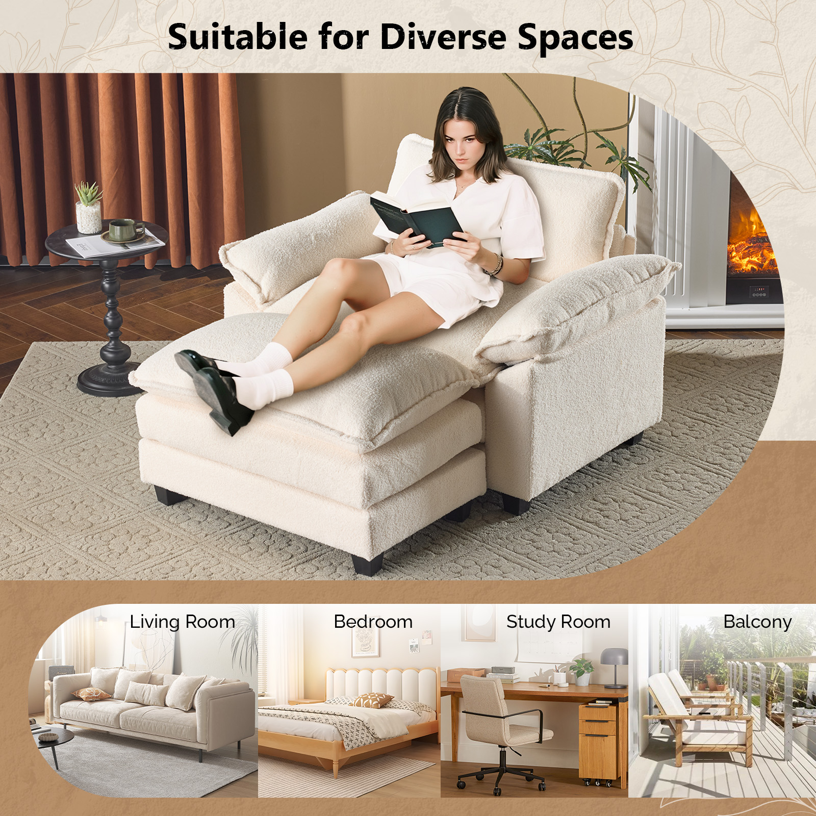 Zimtown Accent chair with Ottoman, Oversized Single sofa with Chaise for Convertible Teddy Velvet Fabric Sofa Set Living Room Furniture Teddy White