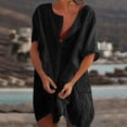 thumbnail image 4 of Beach Mini Dress with Pockets Cover Ups Women Short Sleeve Linen Button Up Shirt Dress Swimwear Coverups Dress, Black L, 4 of 5