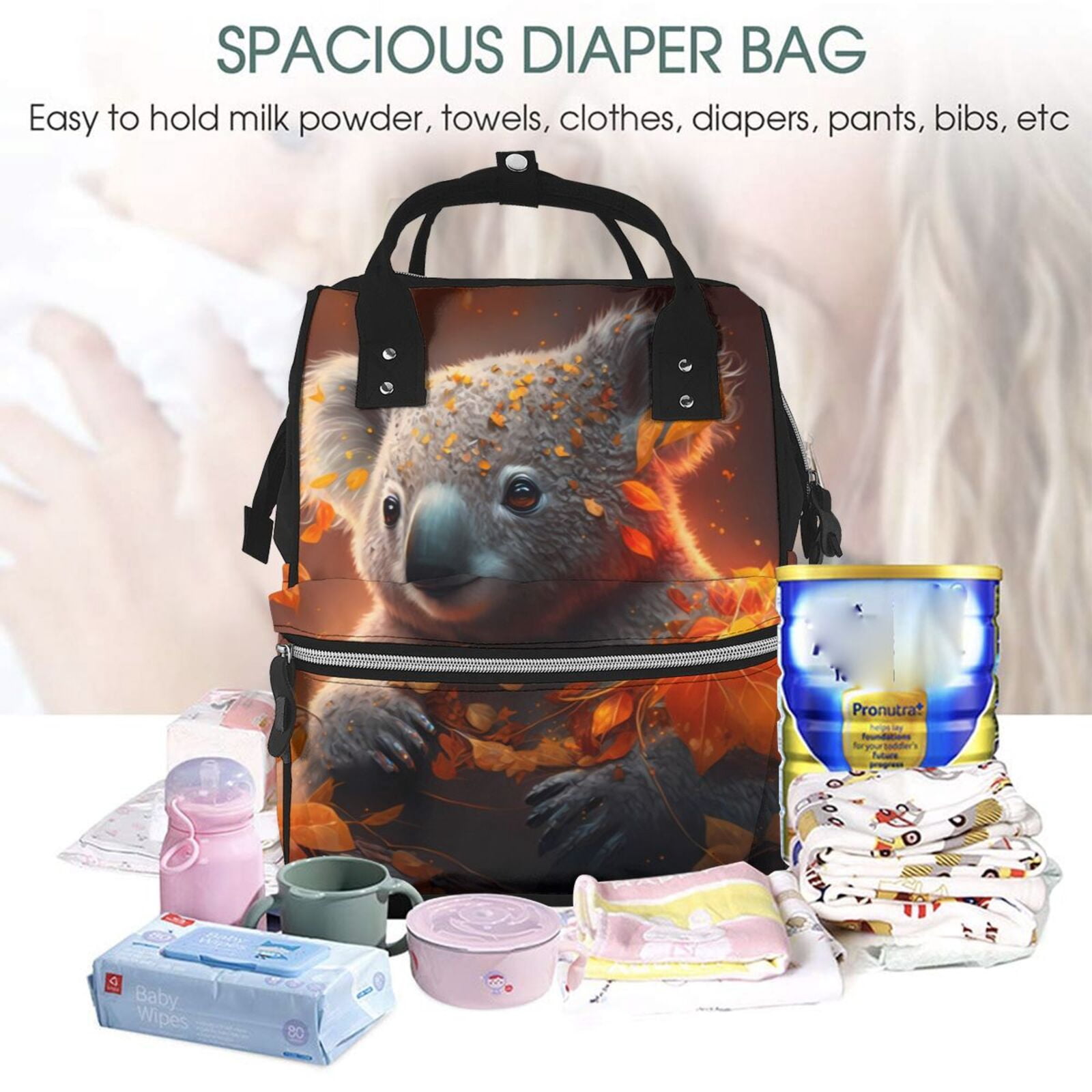 Fuzoiu Cute Maple Leaf Koala Print Diaper Bag Backpack,Baby Essentials Travel Tote,Multi function Waterproof Diaper Bag, Travel Essentials Baby Bag - Unisex