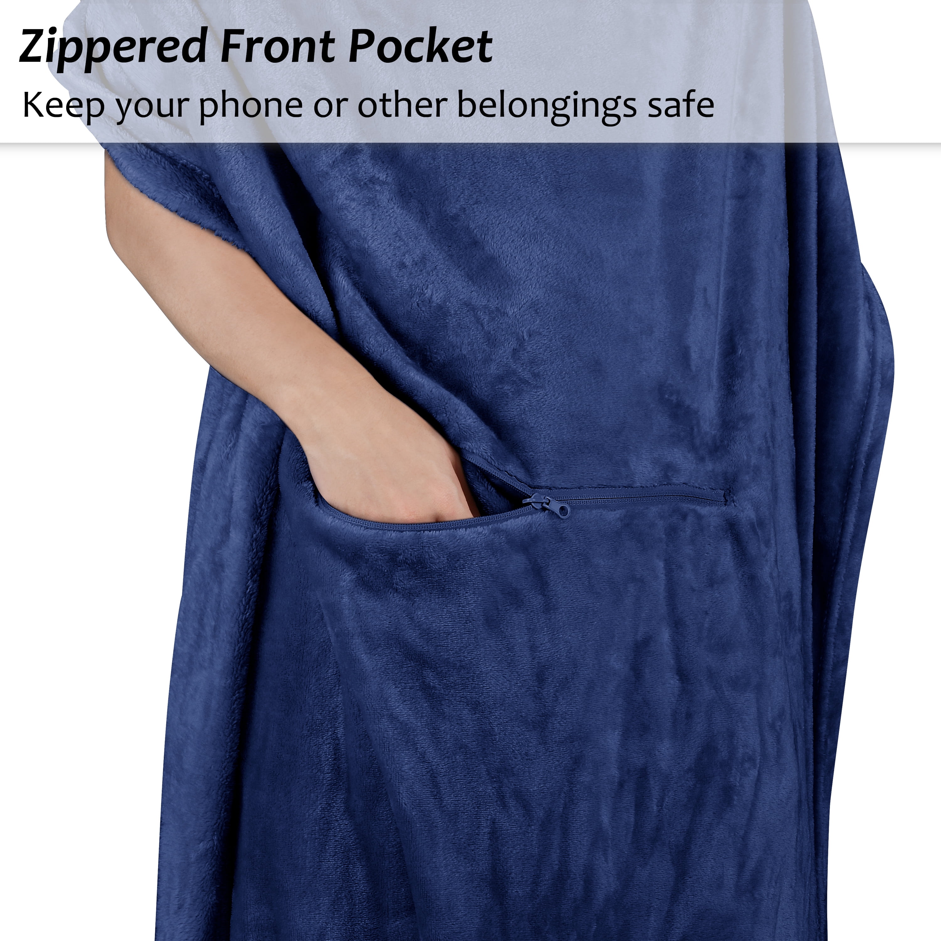 Tirrinia Fleec Wearable Travel Blanket with Foot Pockets for Women & Men | Zippered Front Pocket | Super Soft Lightweight & Cozy Throw Blanket for Adults, One Size Fits All, Dark Blue