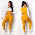 thumbnail image 3 of ZUARFY Women 2Pcs Bodycon Yoga Sport Outfits Long Sleeve O-Neck Color Block Crop Top High Waist Leggings Ribbed Tracksuit L-4XL, 3 of 19