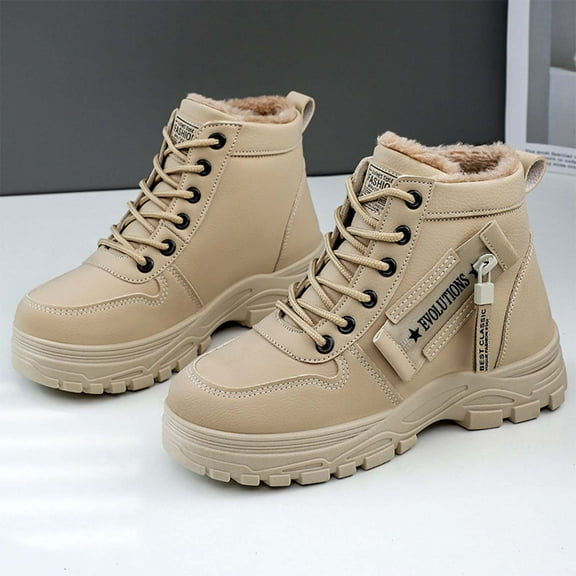 RuiJiao Women's Waterproof Chunky Sole Winter Boots Synthetic Leather Lace-Up Mid-Calf Thermal Insulated Shoes for Outdoor and Casual Wear, Beige/Black/White