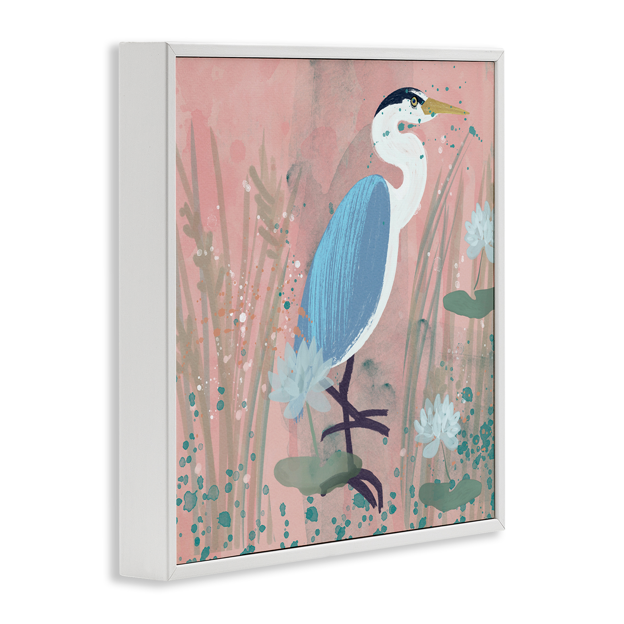 Stupell Industries Coastal Bird with Lotus Flowers Animals & Insects Painting White Framed Art Print Wall Art, 24 x 24