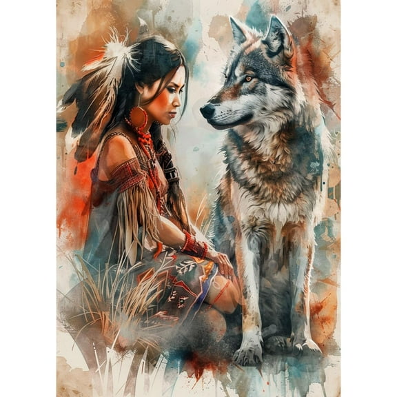 5D Diamond Art Painting American Native Indian Woman and Wolf DIY Paint with Full Drill Round Diamond Gems Painting by Number Kits for Adults Art Craft Home Wall Decor 11.8x15.8in(1)